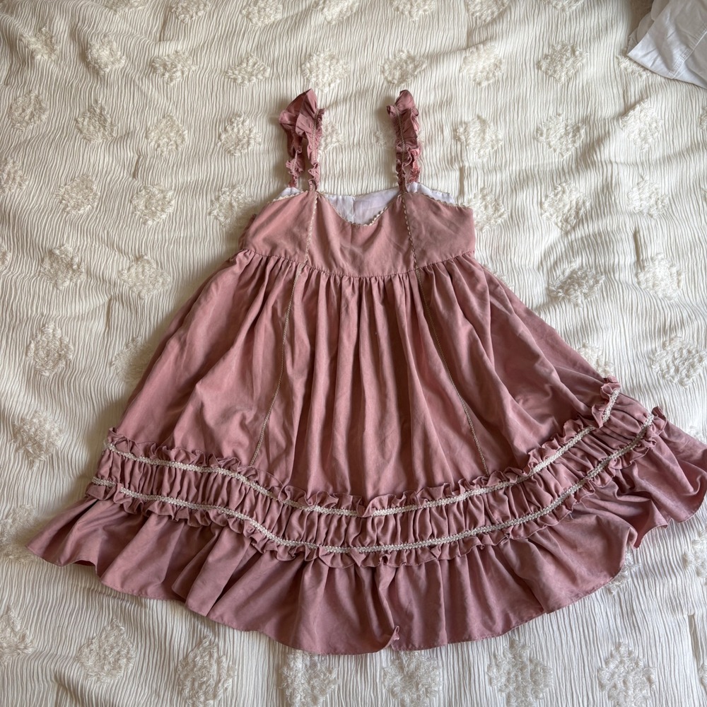Pink Ruffle Tiered Babydoll Dress Coquette Cottagecore Lace Trim Back Tie Rose